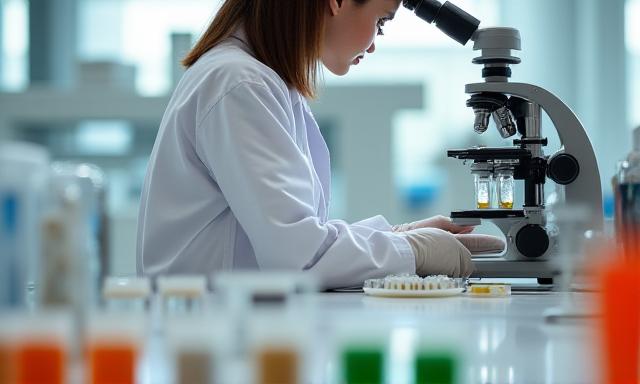 Lab scientist analyzing animal feed samples for quality control