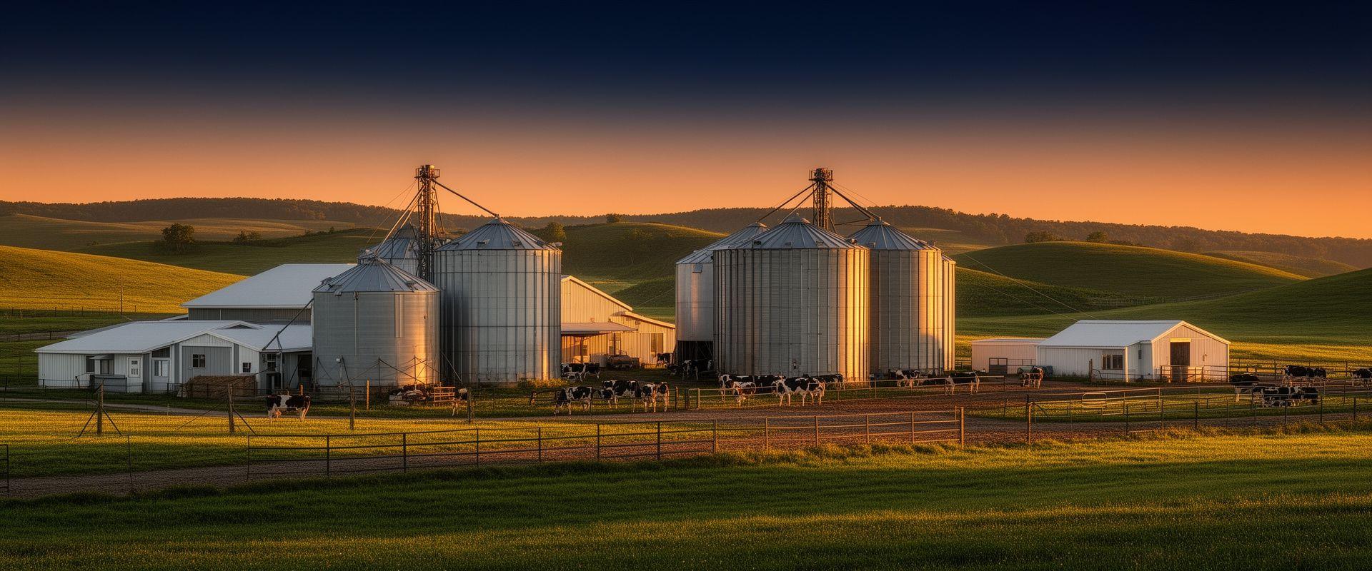 Panoramic view of a modern New York agricultural facility at sunrise