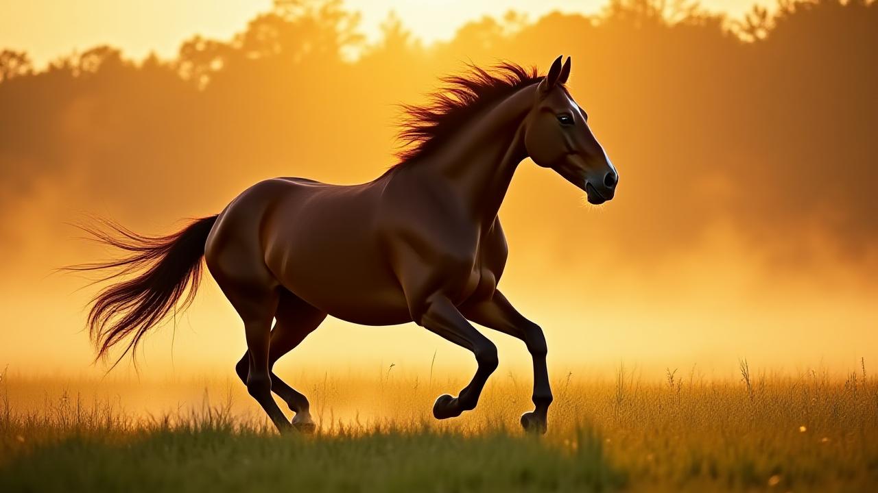 Majestic horse galloping in a New York meadow at dawn